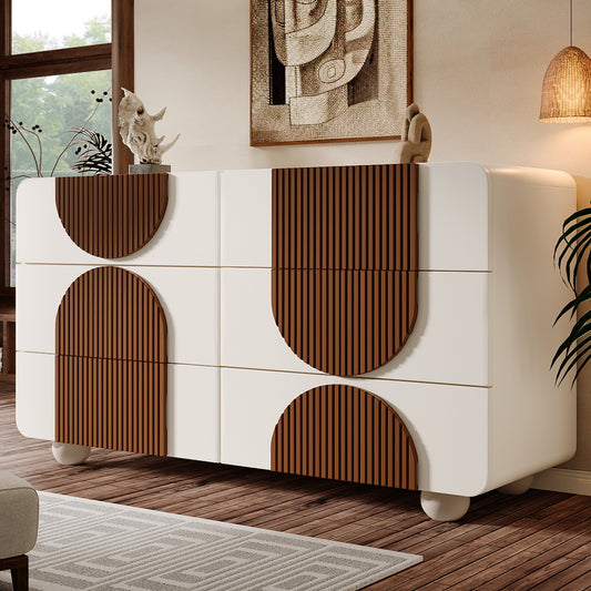 Gigab2b original image - Kommode mit 6 Schubladen & geschwungenem Design, Elegantes Sideboard in Weiß mit schokoladenfarbenen Holzleisten, Leise Schiebe-Schubladen & Kippsicherung, 121x71x41 cm (B/H/T)