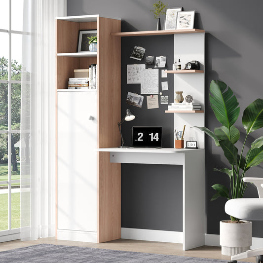Arbeitstisch/Schreibtisch mit Aufbewahrung – Weiß mit Stabholzkontrast, unterer Schrank mit Türen und oberes offenes Regal, Büro-Design, 123,5x45x168,5 cm