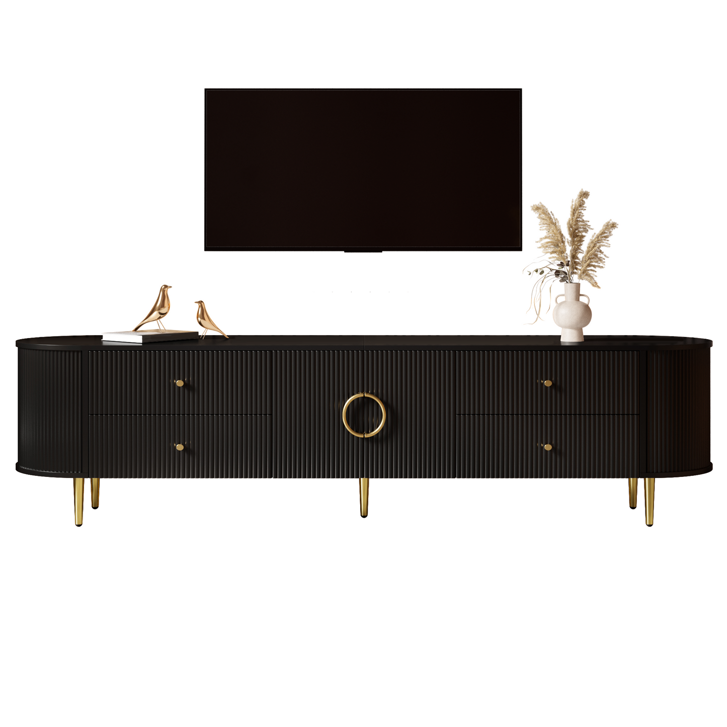 TV-Schrank, Lowboard, dreidimensionale Wellenstruktur, abgerundete Kanten, MDF-Korpus, Aluminiumgriffe, Eisenfüße, fester Einlegeboden, Kabeldurchlass, Wohnzimmer