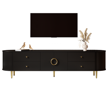 TV-Schrank, Lowboard, dreidimensionale Wellenstruktur, abgerundete Kanten, MDF-Korpus, Aluminiumgriffe, Eisenfüße, fester Einlegeboden, Kabeldurchlass, Wohnzimmer