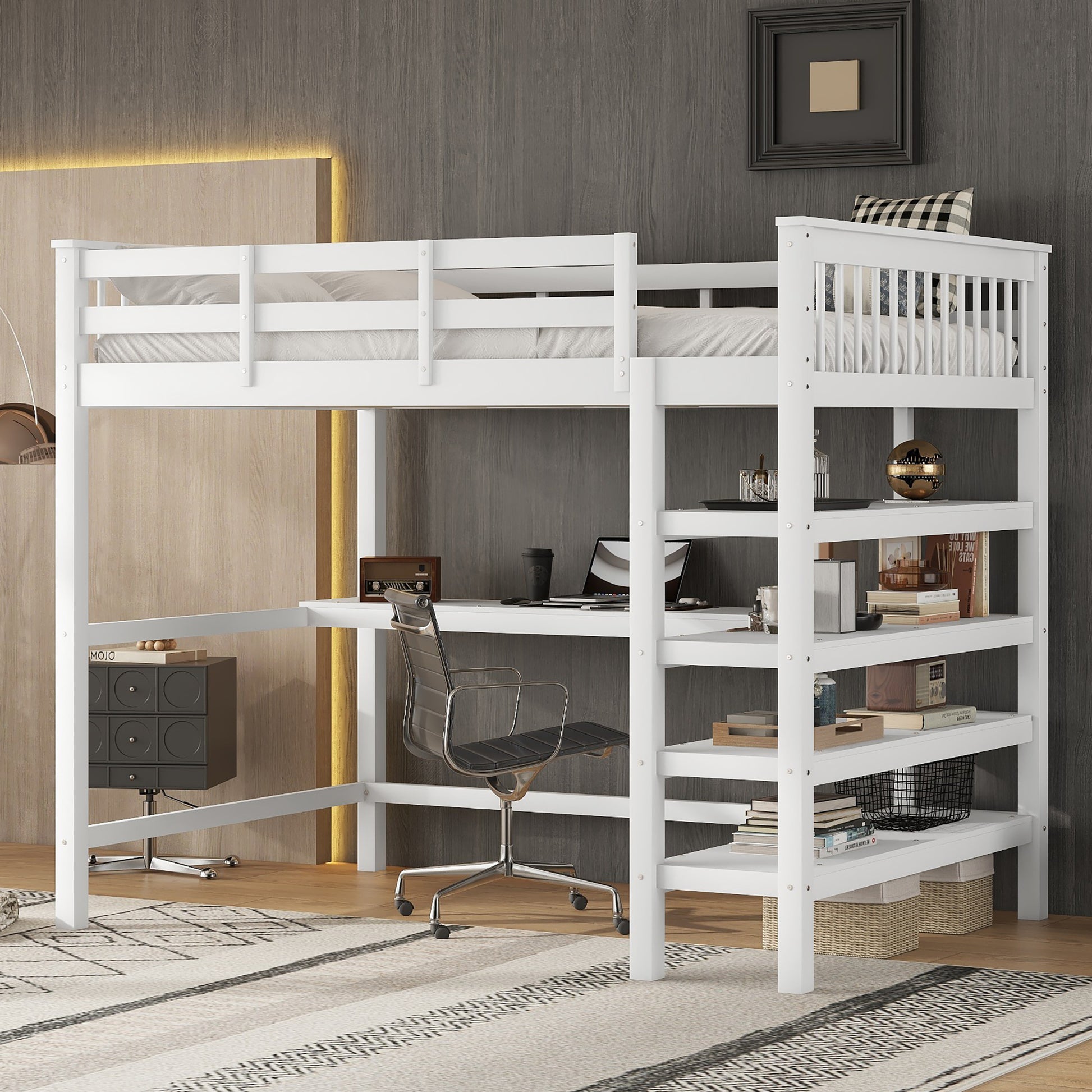 Gigab2b original image - Hochbett, 140 x 200 ,Kinderhochbett mit Ablagefächern und Unterbettschreibtisch,Ohne Matratze, Weiß