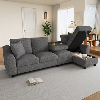 Modernes Chenille L-Form Sofa 3-Sitzer + Chaiselongue Ecksofa, Chaiselongue mit aufklappbarem Stauraum, klappbare Rückenlehne mit Getränkehaltern, multifunktionales modulares Sofa, Grau, 280×136×82cm