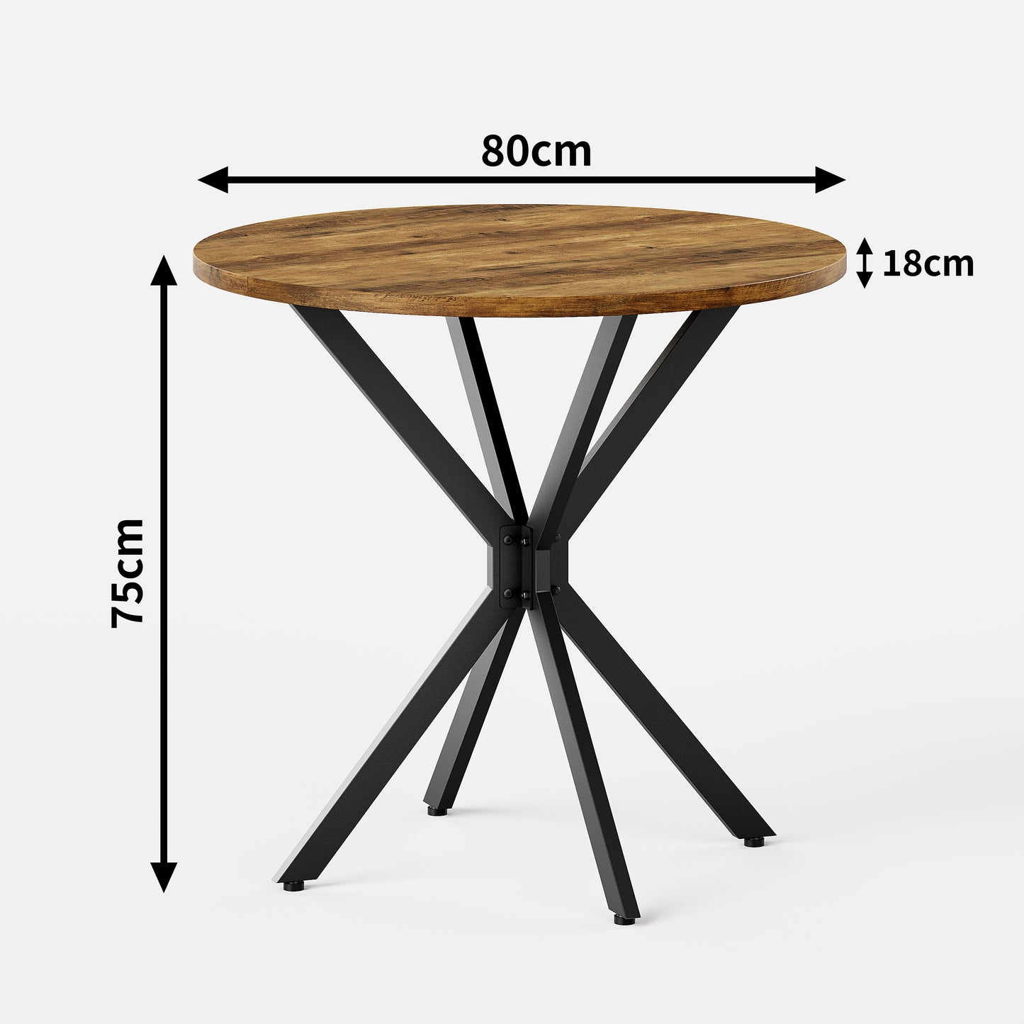 Runder Tisch im Bauernstil mit X-Beinen, 80 cm - Küchentisch, Esstisch für Wohnzimmer, Homeoffice, Balkon oder Café - Retro Braun & Schwarz