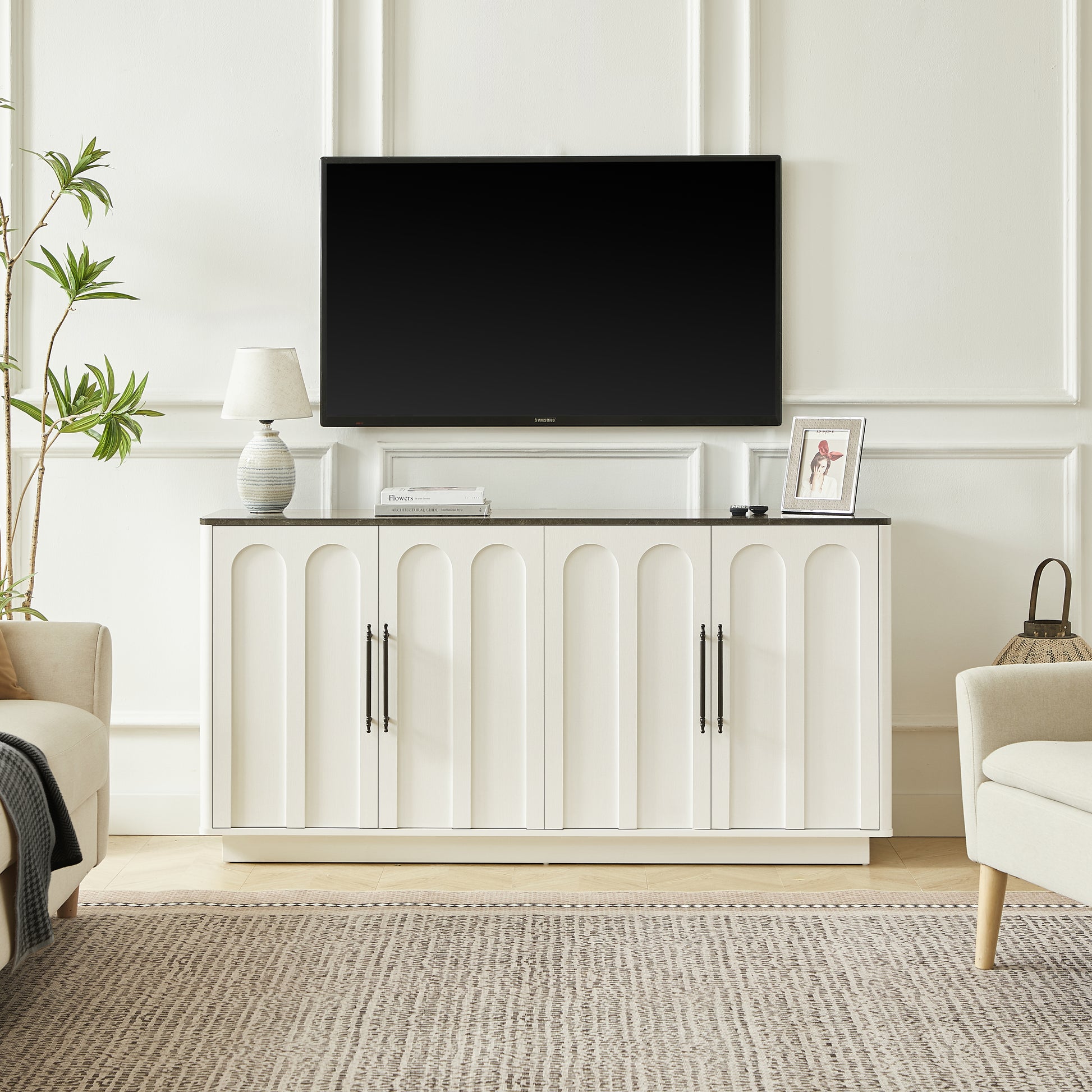 Bogenfront Sideboard mit 4 Türen, Soft-Close Scharnieren & Kippsicherung, 160cm Breiter Aufbewahrungsschrank für Wohnzimmer & Esszimmer, Weiß und schwarz