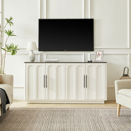 Bogenfront Sideboard mit 4 Türen, Soft-Close Scharnieren & Kippsicherung, 160cm Breiter Aufbewahrungsschrank für Wohnzimmer & Esszimmer, Weiß und schwarz