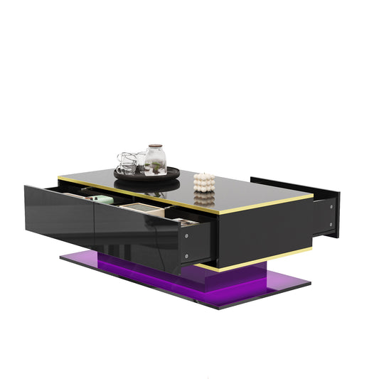 Gigab2b original image - Moderner LED-Couchtisch mit Hochglanz, 100 cm lang, Goldverzierung, 3 Schubladen & USB-LED-Lichtstreifen (Adapter/Powerbank erforderlich)