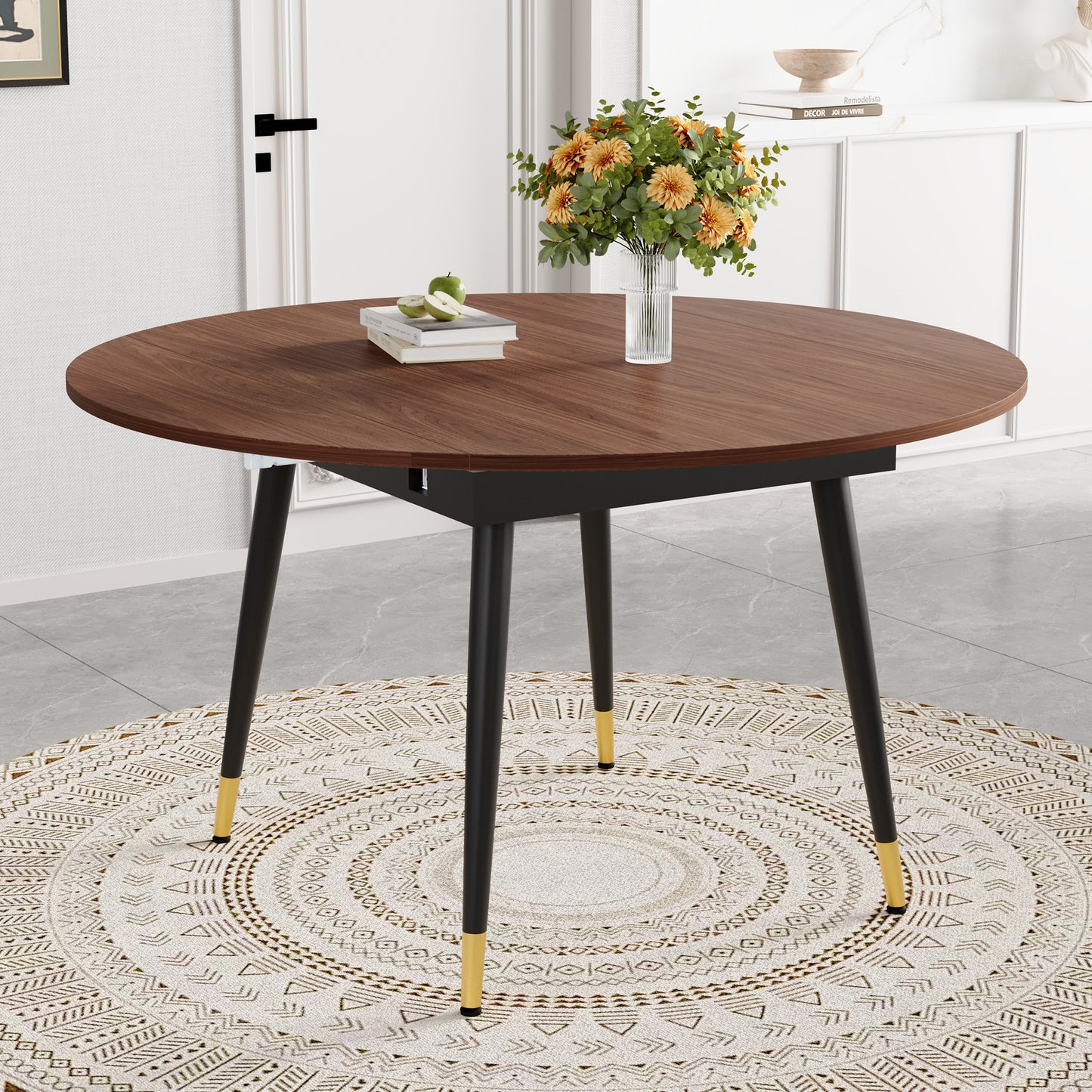 Gigab2b original image - Moderner Ausziehbarer Esstisch, Verwandelt sich von Rund zu Oval, MDF-Platte in Schwarz/Nussbaum mit Gold-Akzenten, Stabile Metallbeine, Platzsparend für Küche & Esszimmer