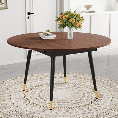 Gigab2b original image - Moderner Ausziehbarer Esstisch, Verwandelt sich von Rund zu Oval, MDF-Platte in Schwarz/Nussbaum mit Gold-Akzenten, Stabile Metallbeine, Platzsparend für Küche & Esszimmer