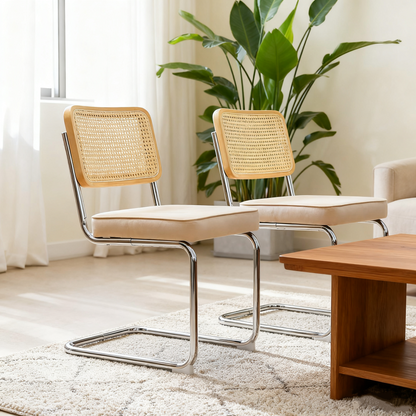 Dining Chairs Set of 2, Velvet Rattan Side Accent Chairs with Chrome Legs, Modern Mid Century Breuer Designed Chairs, Upholstered Dining Living Room Kitchen Chairs