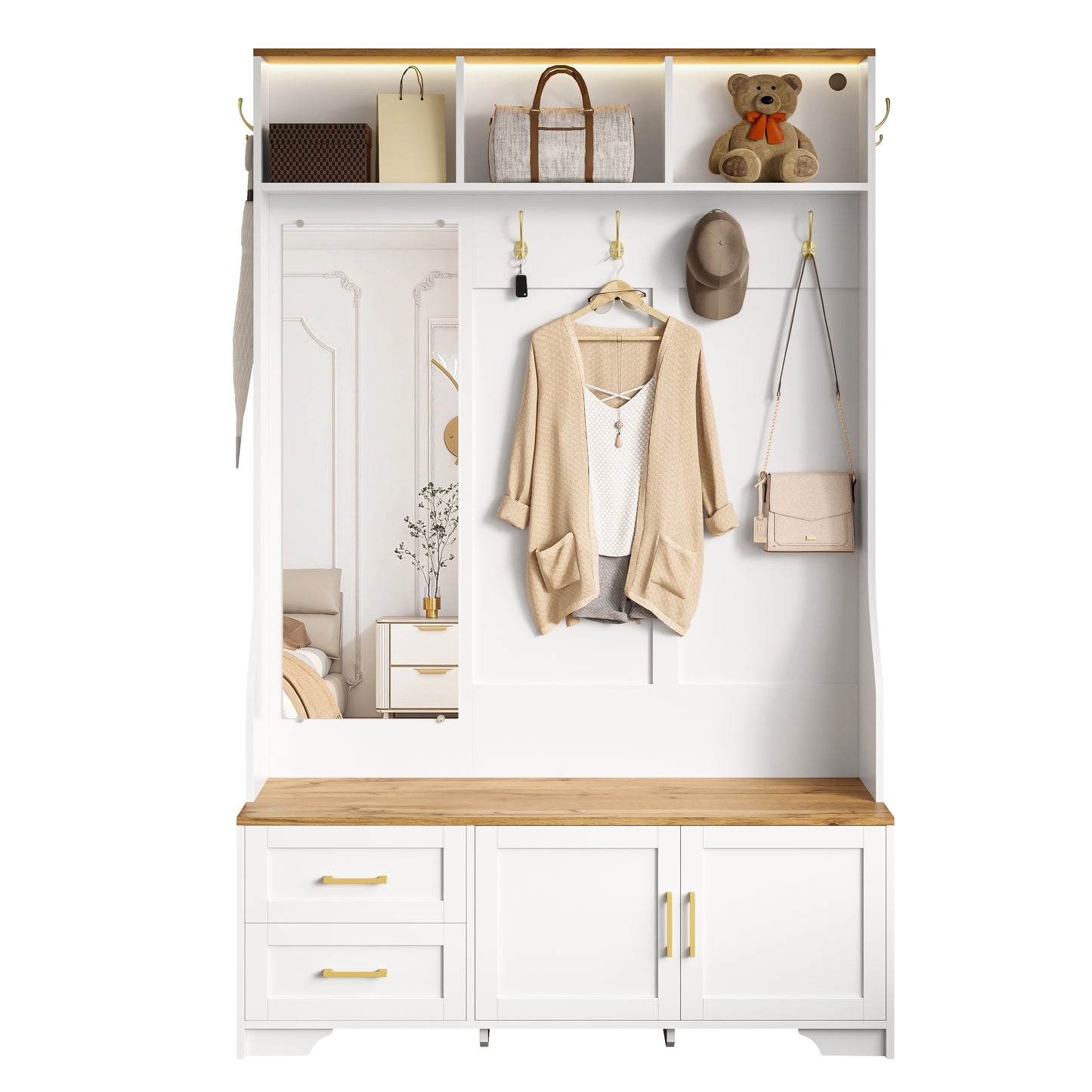 Gigab2b original image - Multifunktionaler Flur- & Schuhschrank mit LED-Beleuchtung, Spiegel, Haken und Schubladen – Moderner Garderobenschrank für Eingangsbereich & Diele mit Stauraum und Sitzfläche