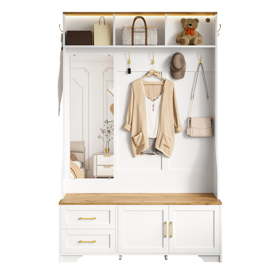 Gigab2b original image - Multifunktionaler Flur- & Schuhschrank mit LED-Beleuchtung, Spiegel, Haken und Schubladen – Moderner Garderobenschrank für Eingangsbereich & Diele mit Stauraum und Sitzfläche