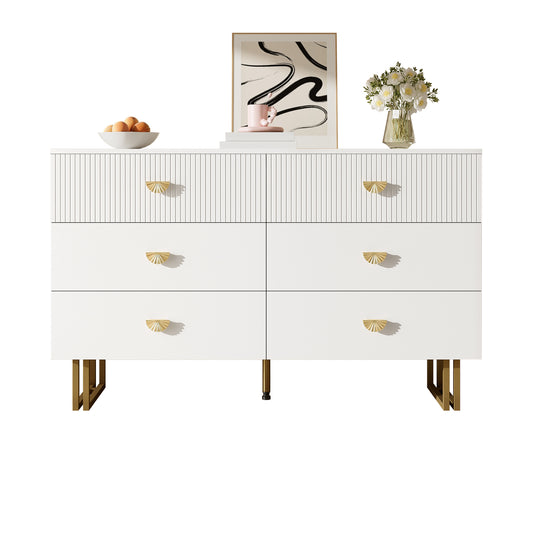 Gigab2b original image - Modernes Sideboard mit 6 Schubladen in Weiß und Gold-Akzenten – Elegantes Design aus MDF und Stahl, Ideal für Schlafzimmer, Wohnzimmer und Eingangsbereiche, 120x40x75 cm