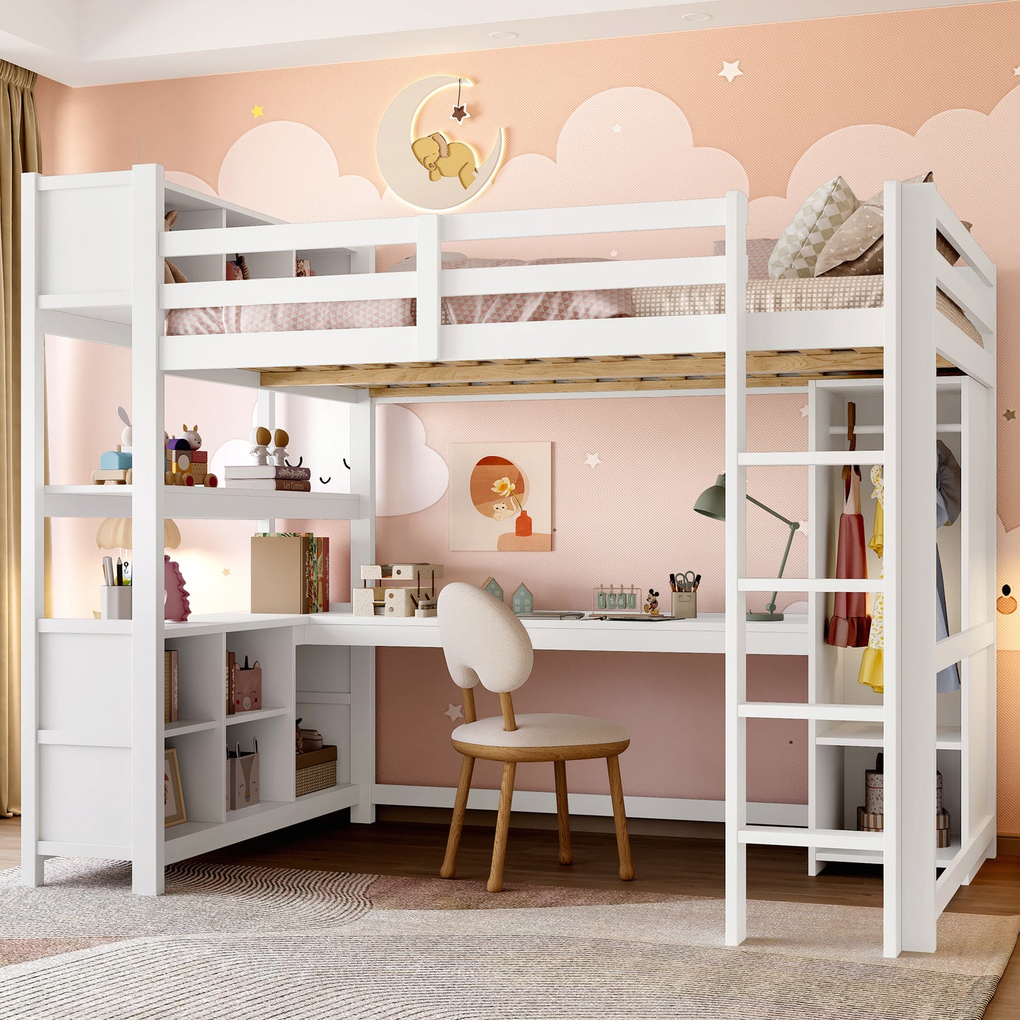 Gigab2b original image - Hochbett, 140x200 cm, Regale, mehrere Ablagefächer, Schreibtisch, Kleiderschrank, ohne Matratze,Weiß