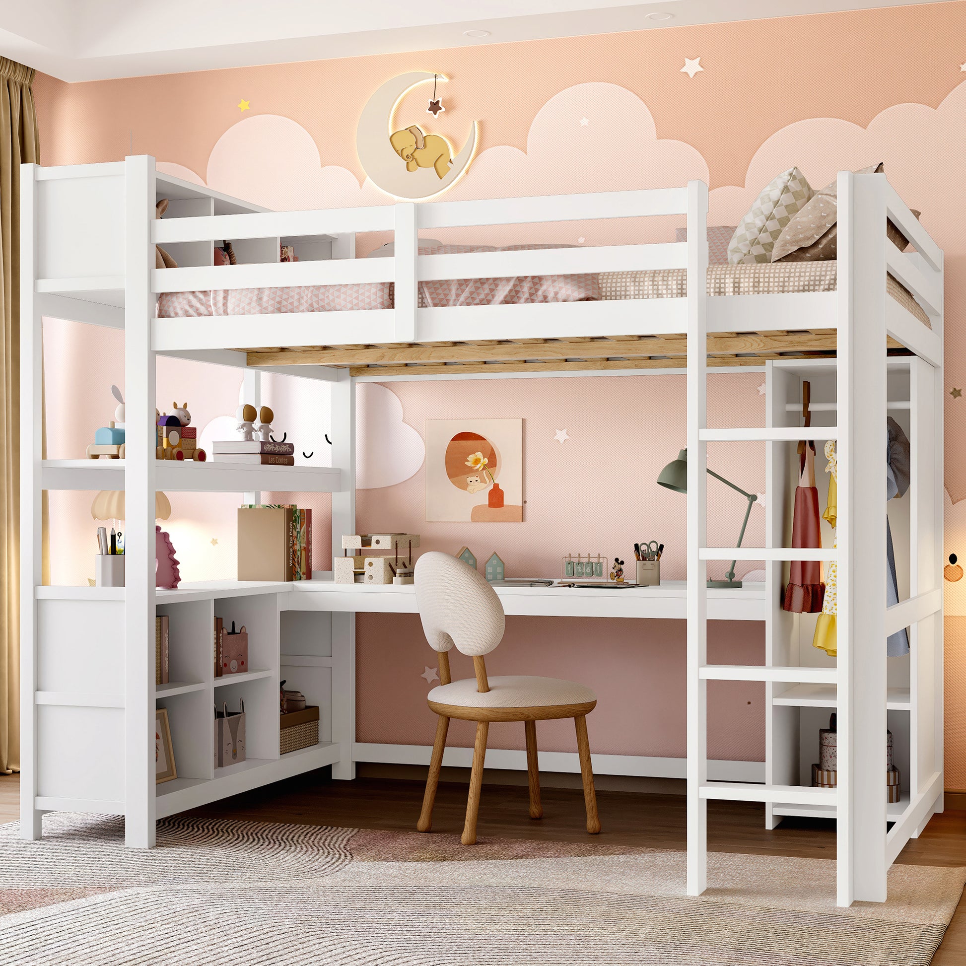 Gigab2b original image - Hochbett, 140x200 cm, Regale, mehrere Ablagefächer, Schreibtisch, Kleiderschrank, ohne Matratze,Weiß