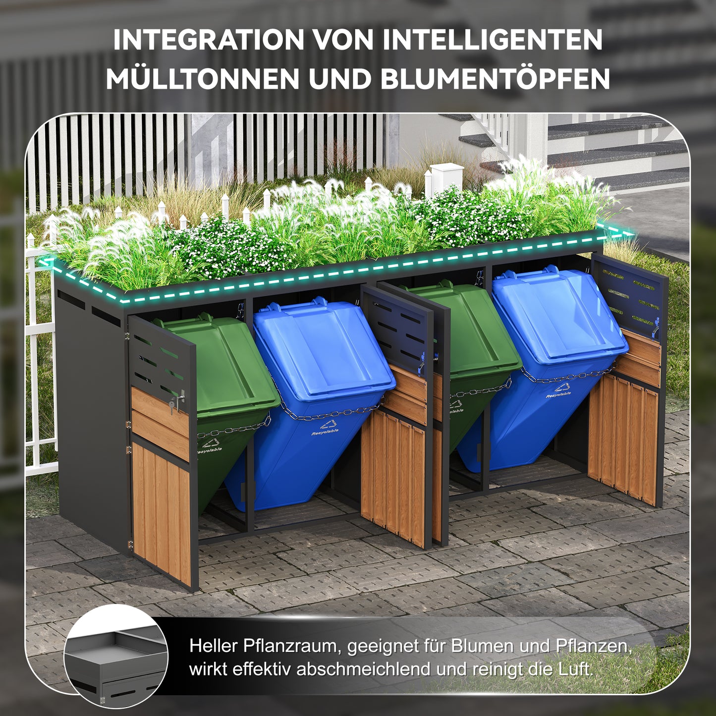 Multifunktionaler Außenschrank mit integriertem Pflanzkasten, Lamellenbelüftung, vier separaten Fächern, verzinktem Stahlrahmen und Sicherungskette – für Lagerung & Gartendekoration (ohne Abfalleimer)