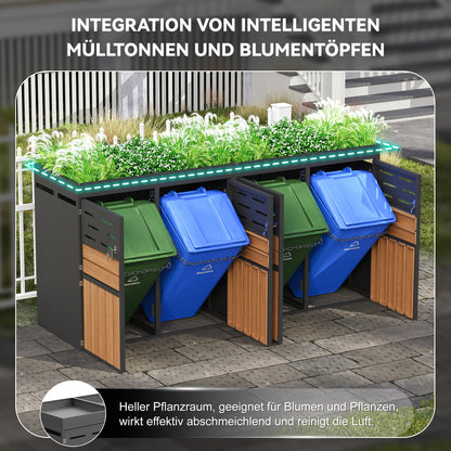 Multifunktionaler Außenschrank mit integriertem Pflanzkasten, Lamellenbelüftung, vier separaten Fächern, verzinktem Stahlrahmen und Sicherungskette – für Lagerung & Gartendekoration (ohne Abfalleimer)