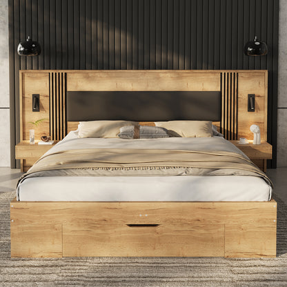 Doppelbett 180 200cm, Stauraumbett, holzbett, Jugendbett, mit Leselampe, mit 2 Nachttische, mit Schubladen,