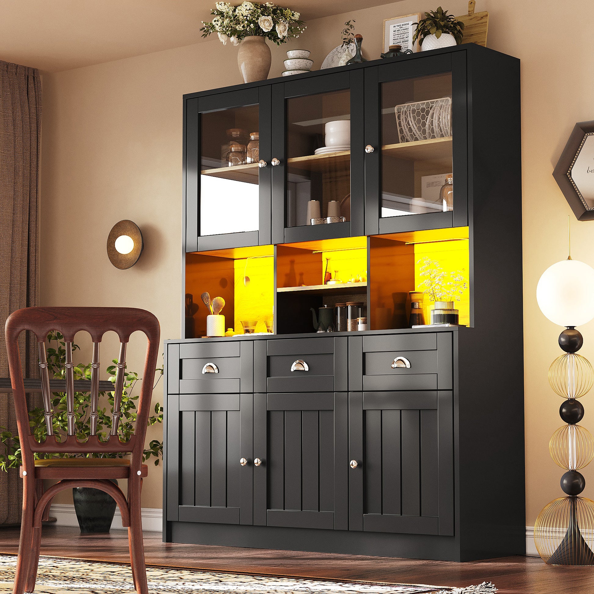 Gigab2b original image - Küchenschrank(140×40×175cm), Hochschrank Küchenbuffet, Vitrinenschrank, Buffetschrank mit Verstellbaren Ablagen, Sideboard mit LED-Beleuchtung,Variable Lichtfarben, Weiß/Schwarz