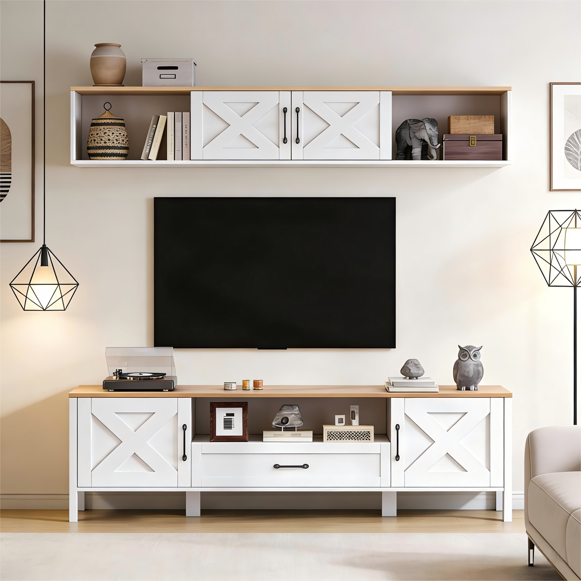 180*40*50cm TV Wohnwand-set (Komplett-Set, 2-St), TV-Ständer + Hängende Vitrine, Mediawand set, TV Wohnzimmermöbel-Set mit 4 Schränke und 1 Schublade, TV-Schrank set, TV bis 80', Weiß