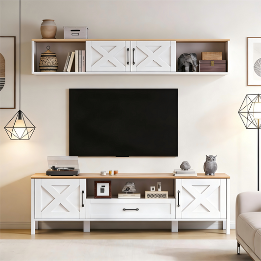 180*40*50cm TV Wohnwand-set (Komplett-Set, 2-St), TV-Ständer + Hängende Vitrine, Mediawand set, TV Wohnzimmermöbel-Set mit 4 Schränke und 1 Schublade, TV-Schrank set, TV bis 80', Weiß