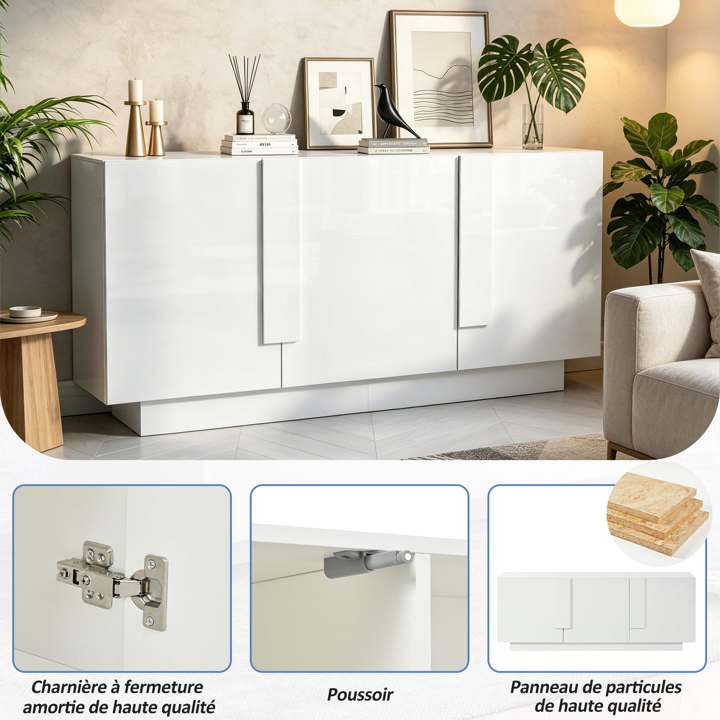 Wohnzimmer-Sideboard (35 x 160 x 60 cm), ein Wohnzimmerschrank mit 3 Türen, Hochglanz-Aufbewahrung, 6 Ablagefächern und viel Stauraum.Breiter Schrank, weiß, Spanplatte, leicht zu reinigen,kommode