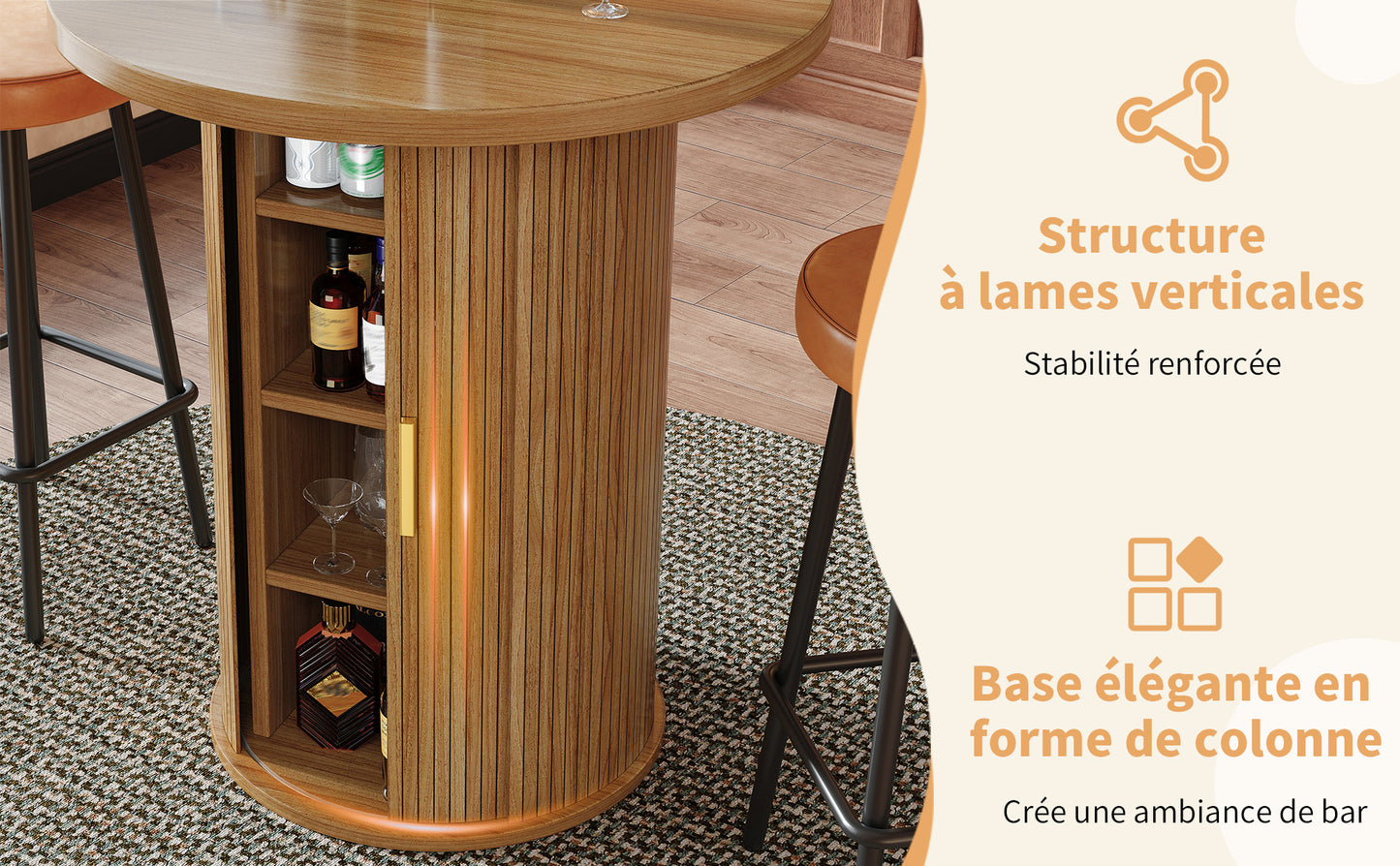 Runder Bartisch mit Stauraum, 91,6cm hoher Stehtisch mit Schrank, MDF Holzoptik, Belastbar bis 75kg, für Bar & Wohnzimmer