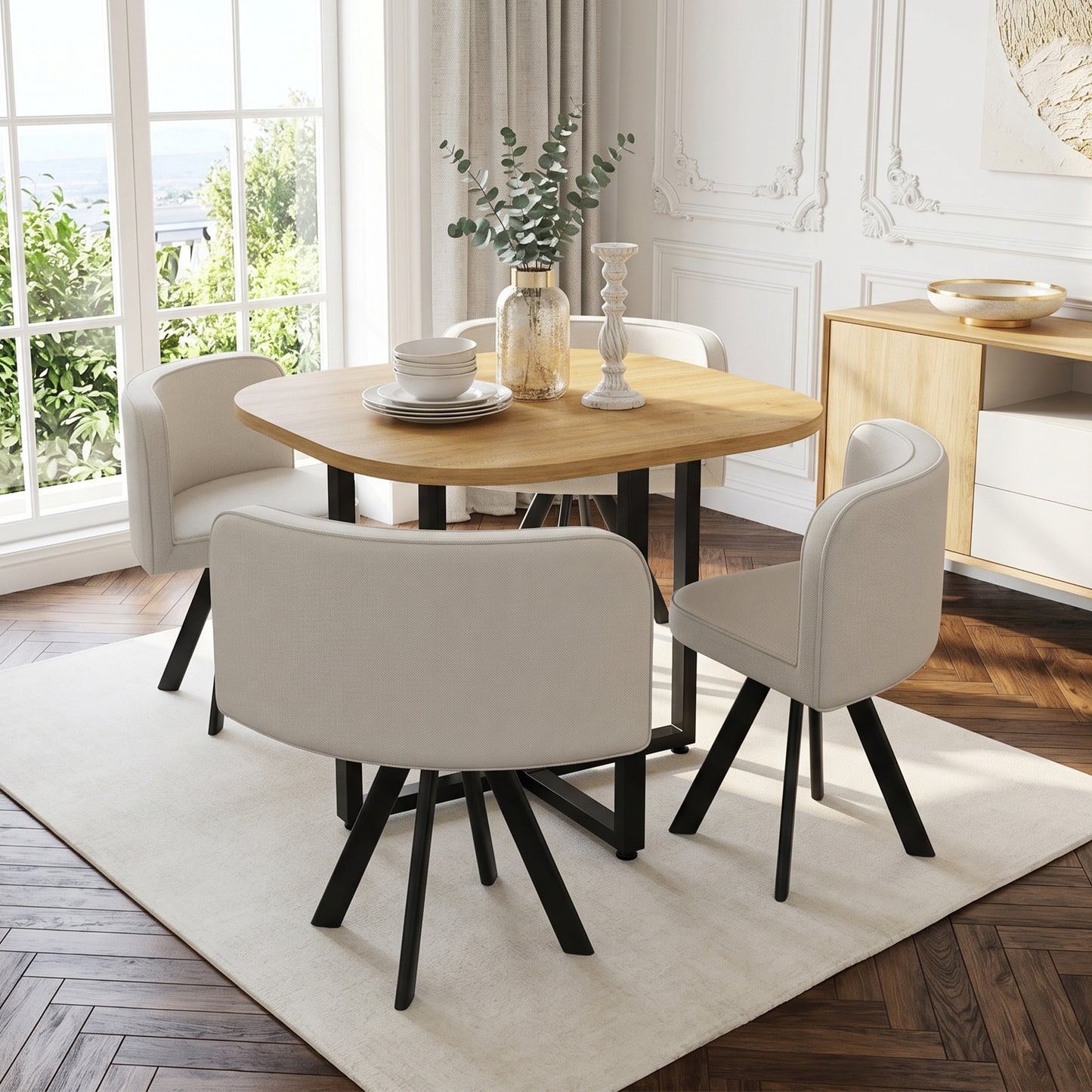 Esstisch und Stuhlset fur 4 Personen,bestehend aus einem Esstisch 85 x 85 cm und vier mit Leinen bezogenen