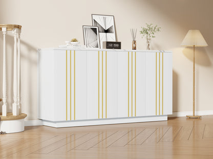 Wohnzimmer-Sideboard, Aufbewahrungsschrank mit 4 Türen, 35 x 140 x 70 cm.Design mit vergoldeten Linien,Spind mit verstellbaren Trennwänden,Kabinett,Geeignet für Wohnzimmer und Schlafzimmer,Weiß + Gold