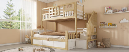Children's Bunk Bed with Window and Safety Railing in White & Natural Wood