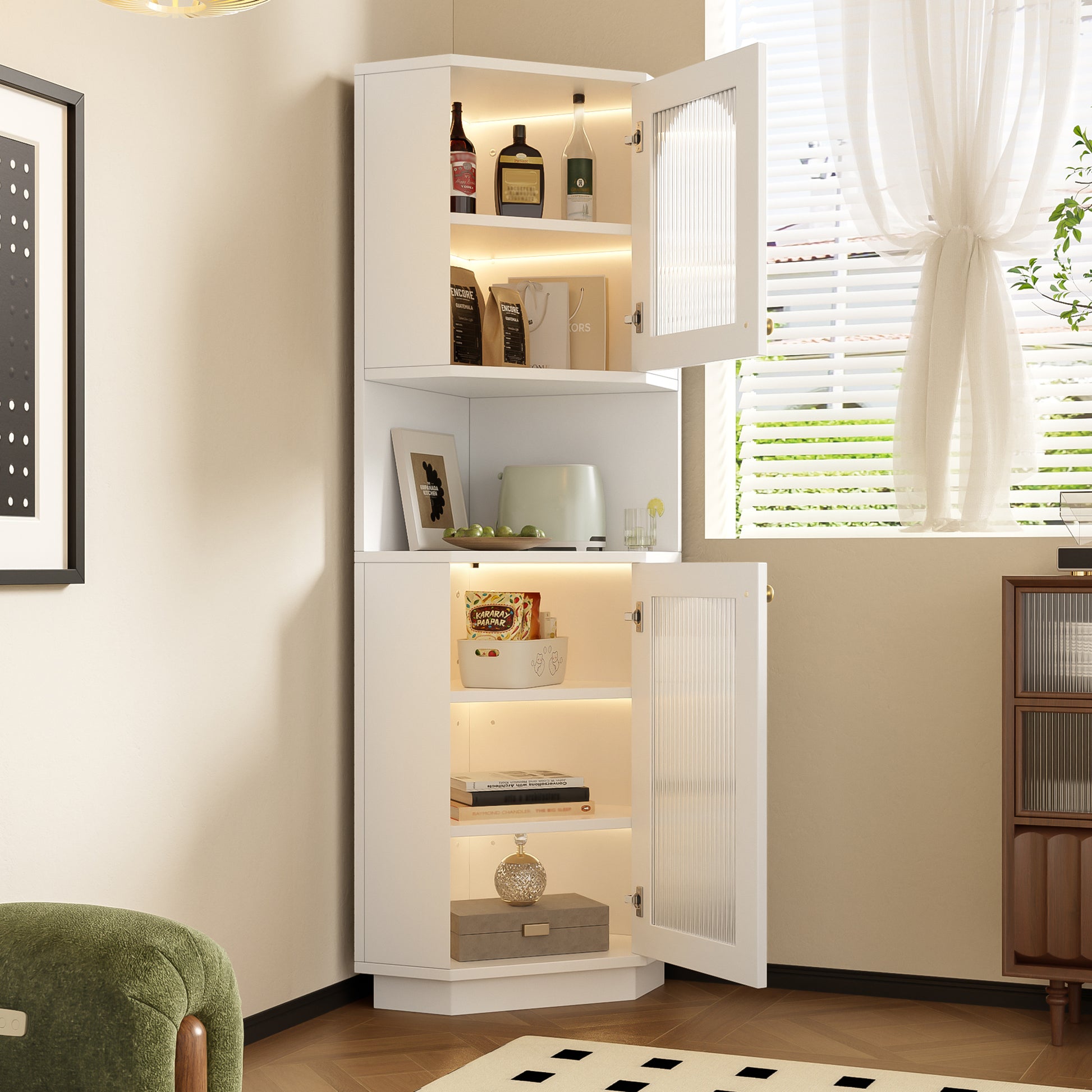 Gigab2b original image - old sku:WF314590AAK,Badschrank mit Lichtleiste, Badmöbel, Eckschrank mit zwei Ablagefächern, offenes Fach mit verstellbaren Einlegeböden, 45x 45 x 166,5 cm, weiß