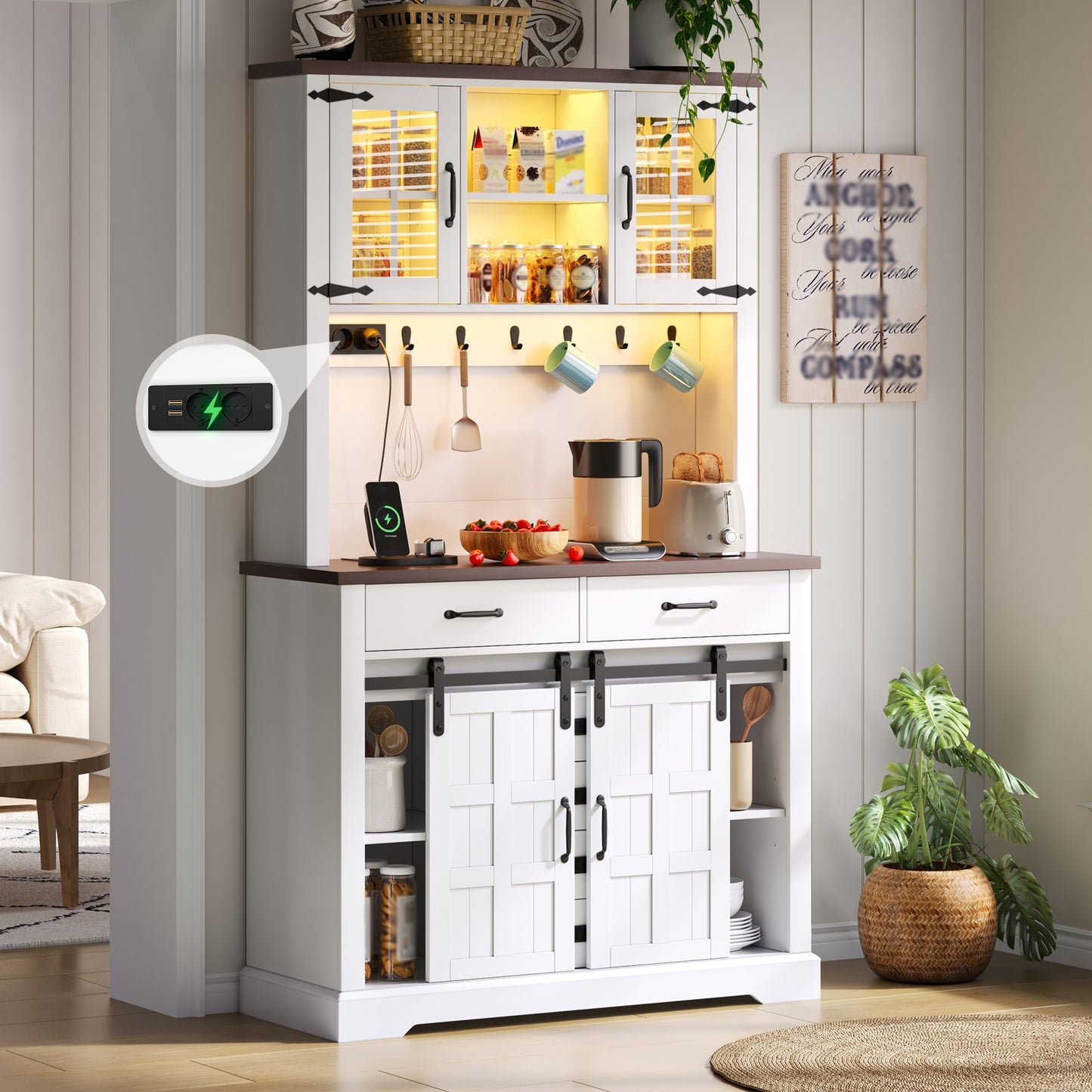 Gigab2b original image - Küchenschrank, Buffetschrank, Sideboard mit Steckdose und LED-Beleuchtung, Küchenmöbel mit Arbeitsplatte, 6 Schubladen, verstellbare Einlegeböden, Haken, 180 × 108 × 40 cm, Weiß