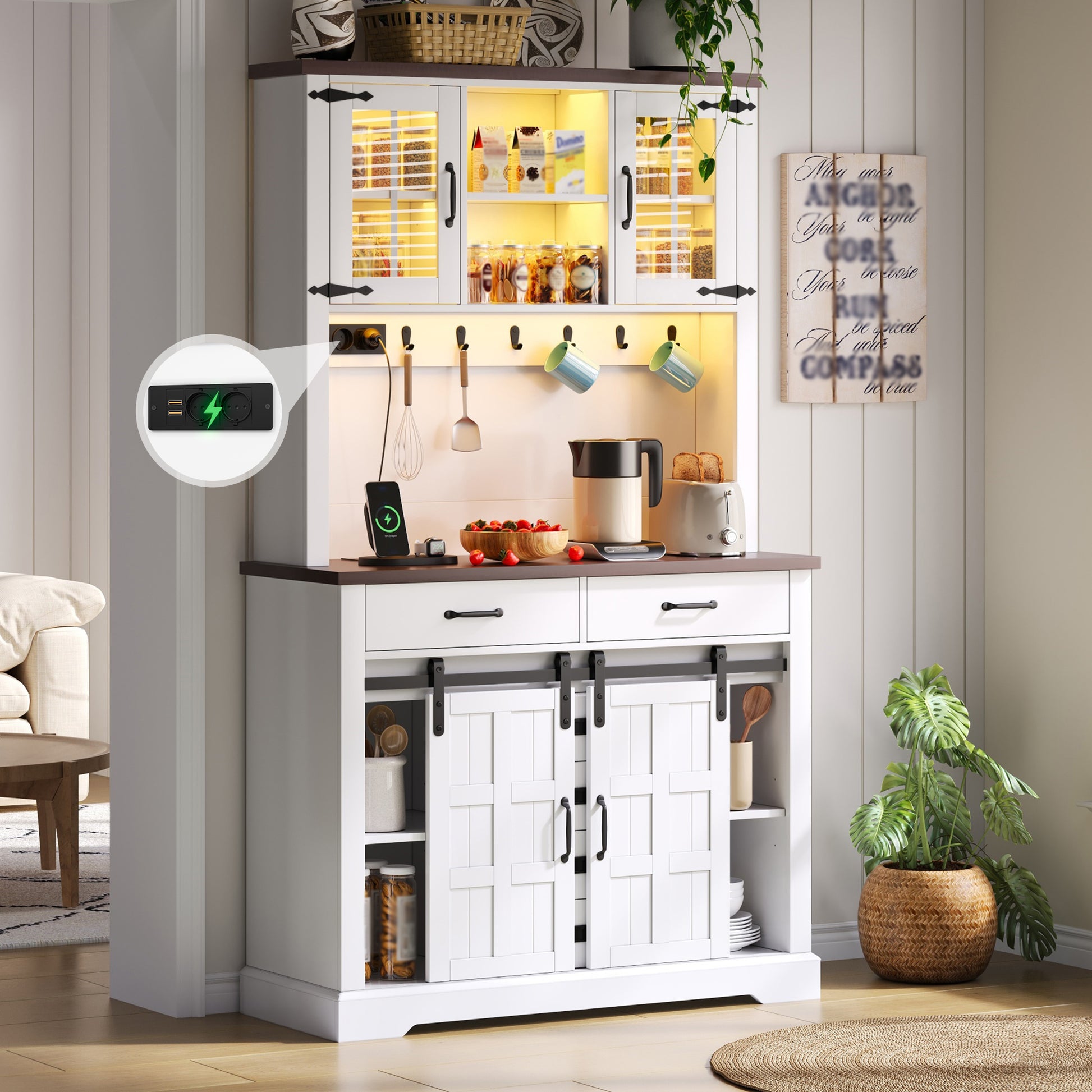 Gigab2b original image - Küchenschrank, Buffetschrank, Sideboard mit Steckdose und LED-Beleuchtung, Küchenmöbel mit Arbeitsplatte, 6 Schubladen, verstellbare Einlegeböden, Haken, 180 × 108 × 40 cm, Weiß
