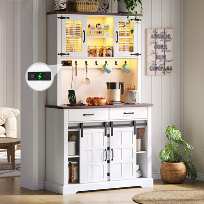 Gigab2b original image - Küchenschrank, Buffetschrank, Sideboard mit Steckdose und LED-Beleuchtung, Küchenmöbel mit Arbeitsplatte, 6 Schubladen, verstellbare Einlegeböden, Haken, 180 × 108 × 40 cm, Weiß