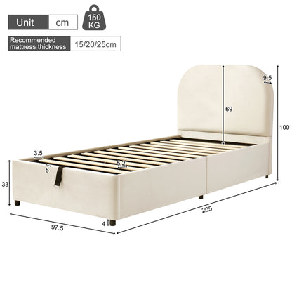 Polsterbett,Einzelbett, Kinderbett 90 x 190cm, hydraulisches Funktionsbett, Bett mit Lattenrost, Kopfteil und großem Stauraum, gepolstertes Kopfteil, Samt, beige