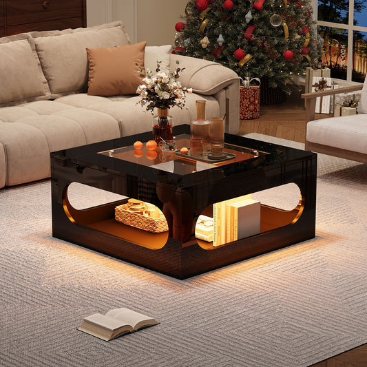 70*70*35cm quadratischer Wohnzimmertisch, ausgehöhlter Couchtisch in der Mitte, Teetisch mit Tischplatte aus gehärtetem Glas,Hochglanz LED Wohnzimmer Beistelltisch,Weihnachtsfeiertisch,Schwarz, MDF