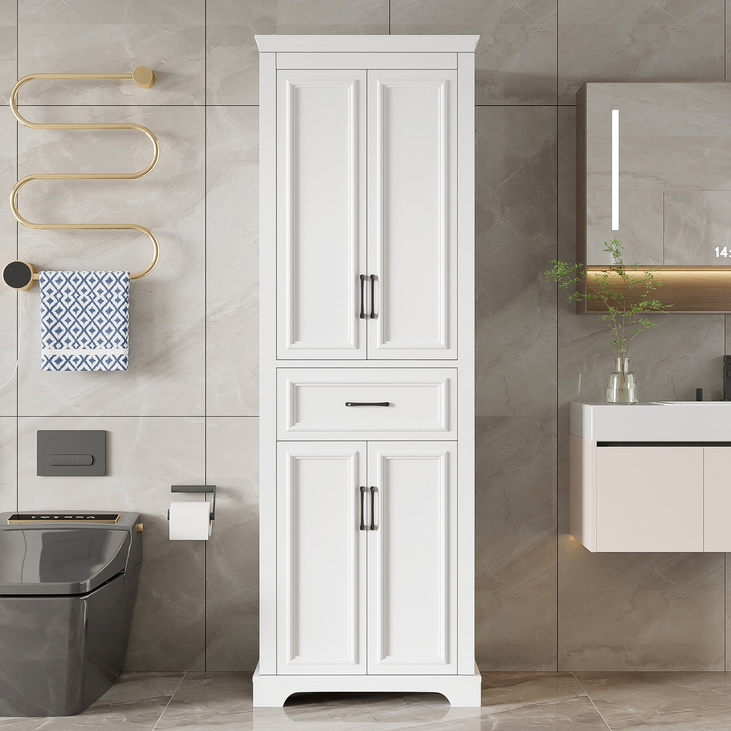60x40x180 cm, Badezimmer-Hochschrank, lackierte Oberfläche, verstellbare Einlegeböden, Auszugsschubladen, Doppeltüren, Kippsicherung, schwarze Griffe, Scharniere mit Soft-Close-Funktion, weiß.