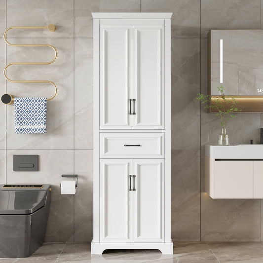 60x40x180 cm, Badezimmer-Hochschrank, lackierte Oberfläche, verstellbare Einlegeböden, Auszugsschubladen, Doppeltüren, Kippsicherung, schwarze Griffe, Scharniere mit Soft-Close-Funktion, weiß.