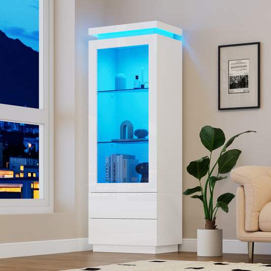 60*40*171cm Vitrine, Hochschrank mit 2 Schubladen, Hochglanz Hochschrank Glasvitrine mit LED,Standregal Schrank Vitrine,Wohnzimmerschrank mit Glastüren und Klapptür, Weiß