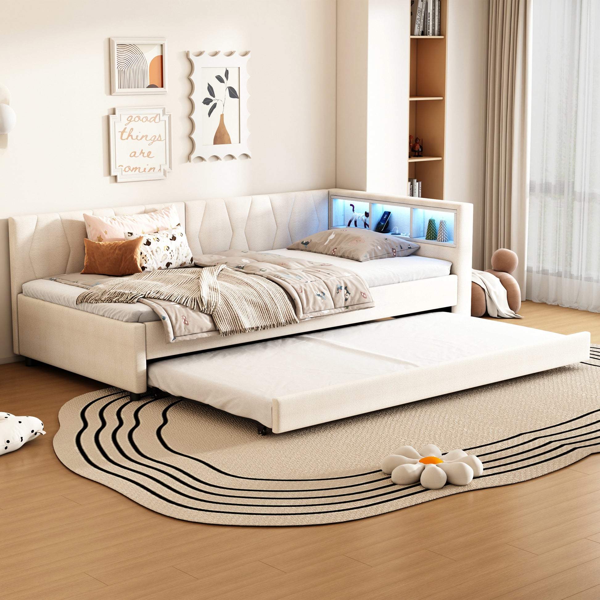 Daybett,90x200cm, Tagesbett, Schlafsofa, Ablagefach am Bett, USB+Typ C, Mit  LED-Lichtleiste, Bett mit ausziehbarem Bett, Bett mit Lattenrost (ohne Matratze), Leinen, Beige