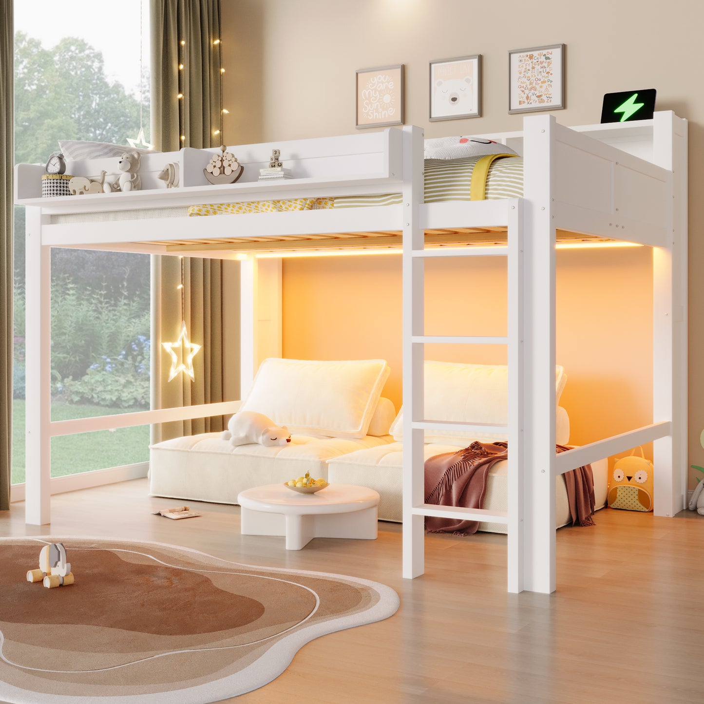 140x200 cm großes Hochbett aus Holz mit Ablagefächern, LED-Beleuchtung und USB-Anschluss, Weiß