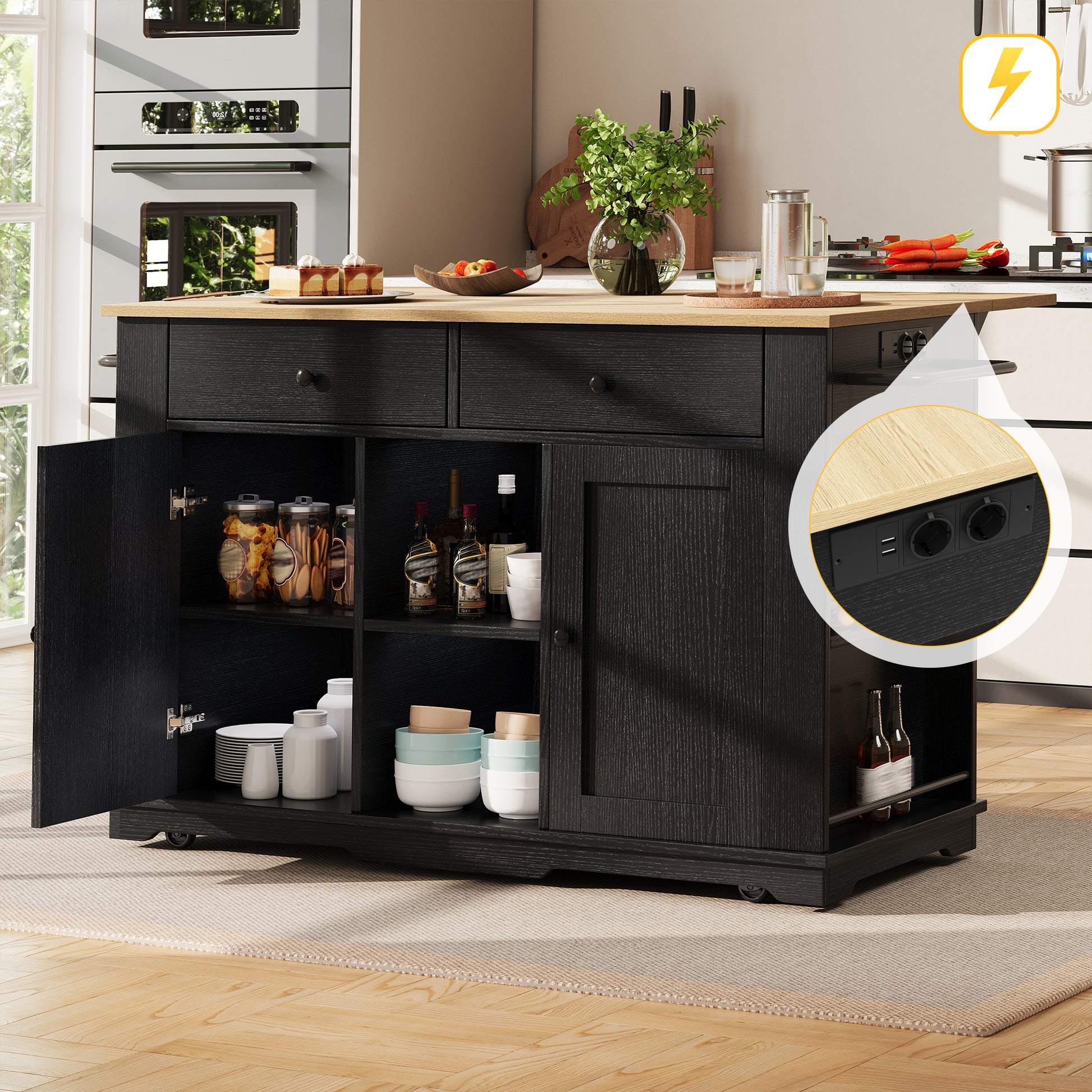 Gigab2b original image - Kücheninsel, Küchenwagen mit Steckdosenleiste ausgestattet, Küchenschrank, Servierwagen mit arbeitsplatte, buffetschrank, Speisewagen mit Holzmaserung, buffetschrank,Schwarz