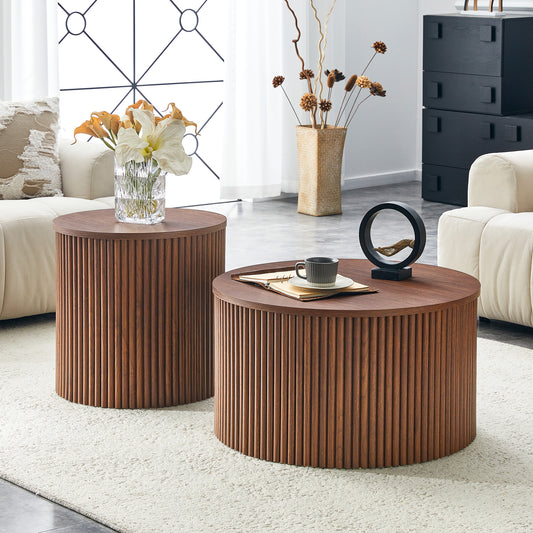 2-teiliges Nesting Couchtisch Set, römische Säule Design MDF Runde Tische mit eingebauter Lagerung, Walnussholz Korn Beistelltische für Wohnzimmer Schlafzimmer
