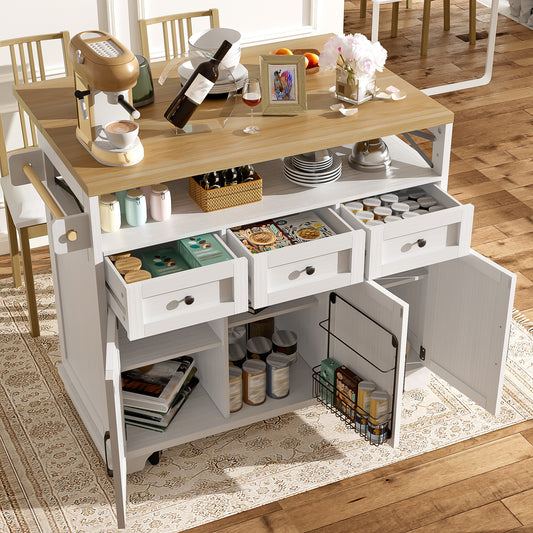 Gigab2b original image - Moderne Kücheninsel (118×43×98cm) Küchenschrank Essschrank mit Holzmaserung Esswagen auf Rollen mit multifunktionalem Stauraum, herausnehmbaren Trennwänden, mit Handtuchhalter, weiß