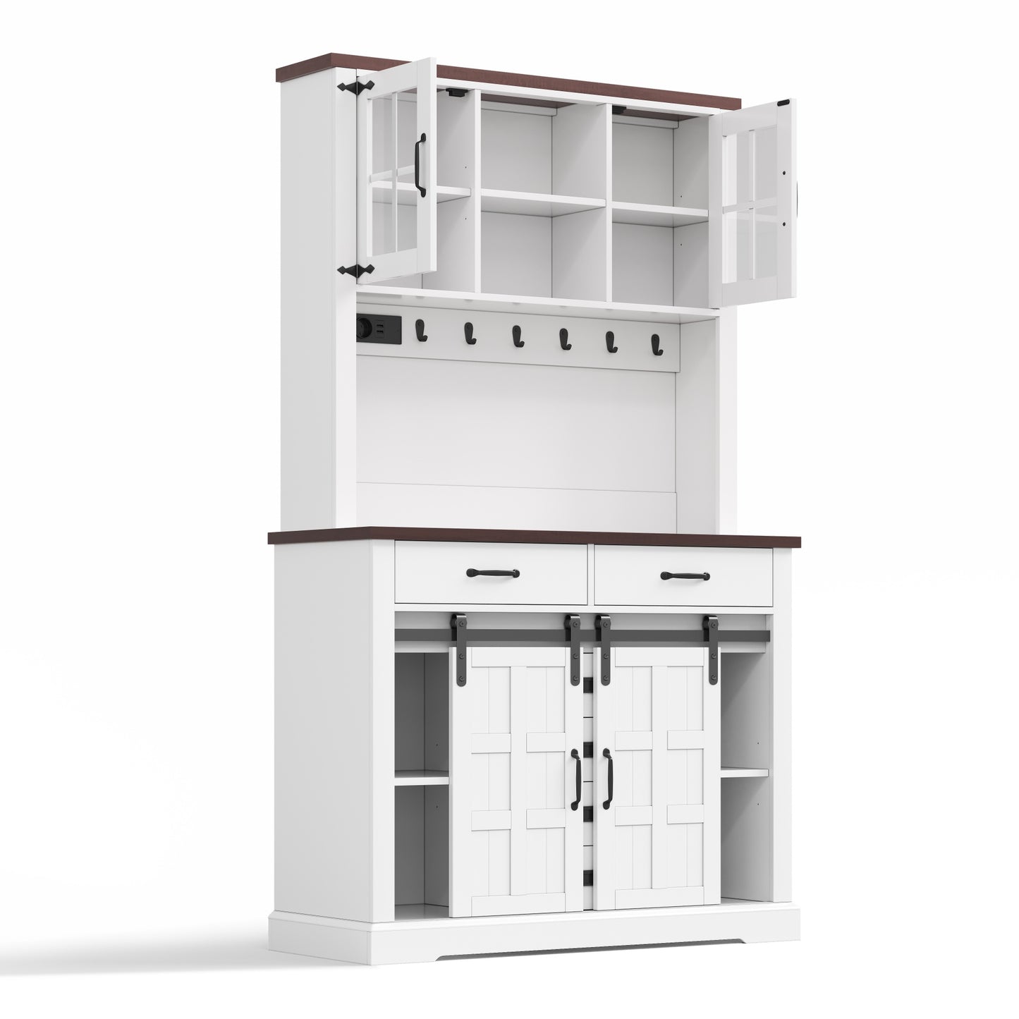 Küchenschrank, Buffetschrank, Sideboard mit Steckdose und LED-Beleuchtung, Küchenmöbel mit Arbeitsplatte, 6 Schubladen, verstellbare Einlegeböden, Haken, 180 × 108 × 40 cm, Weiß