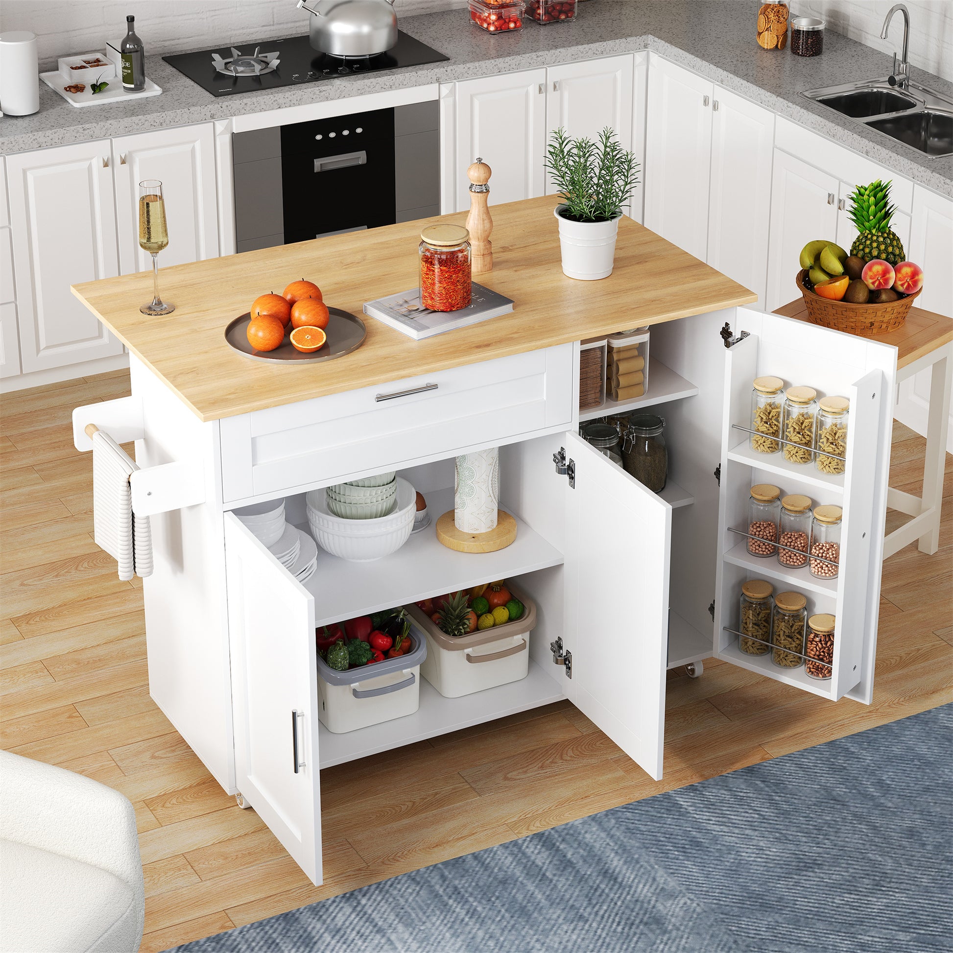 (=N635P21858284D)132.5*44(70)*90cm großer mobiler Küchentisch, Arbeitsplatte klappbar, Eiche Maserung, multifunktionaler Schrank, Gewürzregal, Handtuchhalter, 5 Rollen, geeignet für Küche/Essen/Haus