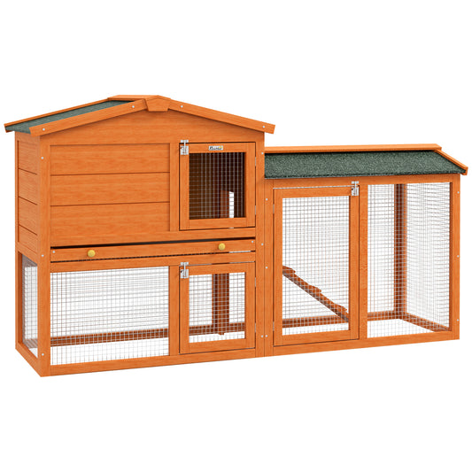 Gigab2b original image - Hasenstall 2 Ebenen Kaninchenstall aus Tannenholz Winterfest Doppelstockhaus mit Freilaufgehege Wanne Rampe 150x45x85 cm Kaninchenkäfig Outdoor Kleintierstall für Hasen Meerschweinchen Orange