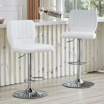 Barhocker höhenverstellbar 62-83cm, 360° drehbarer Barstuhl mit Rückenlehne & Fußstütze, Ergonomischer Küchenhocker aus weißem Kunstleder, belastbar bis 136kg, Chrom-Finish
