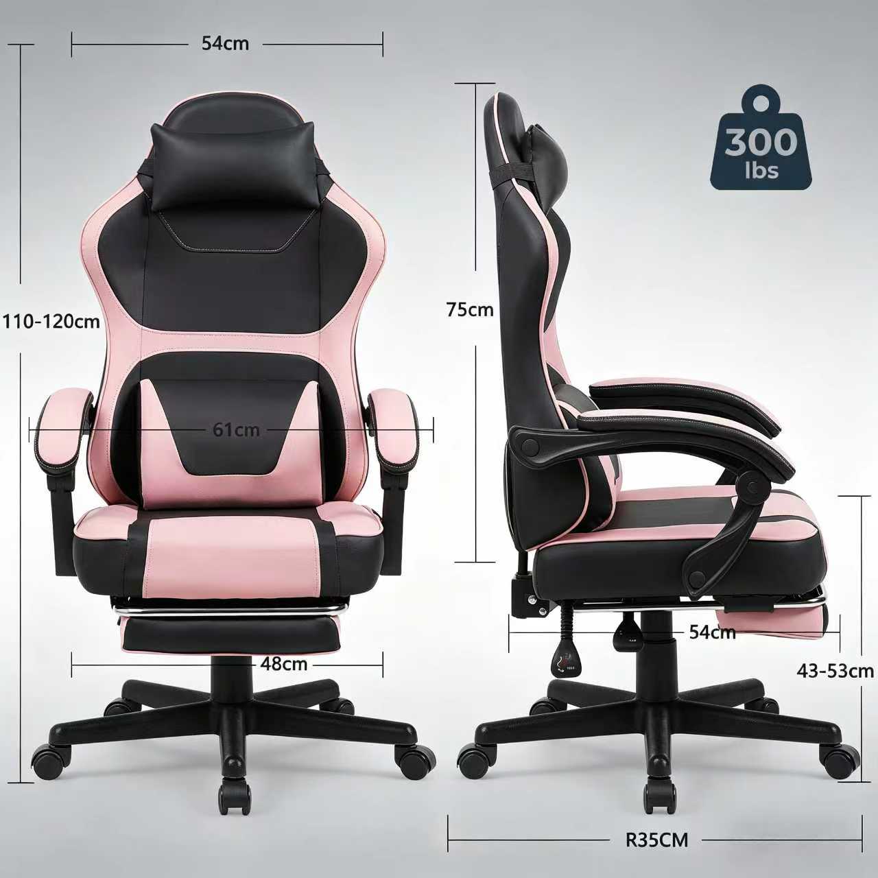 Kawaii Pink & Black Ergonomic Gaming Chair with Lumbar Support and Footrest
