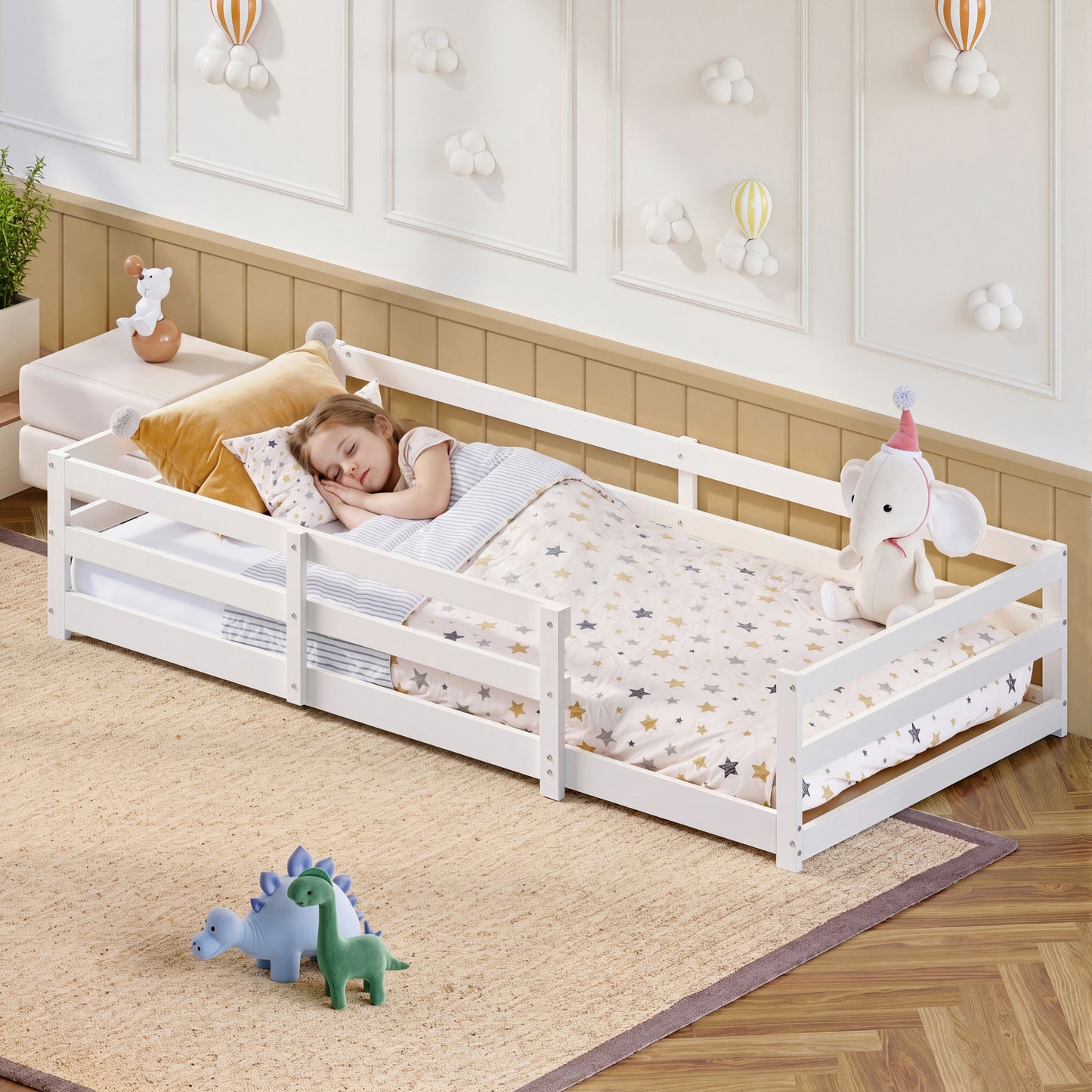 Gigab2b original image - Montessori Bodenbett mit Schutzgitter – Flaches Bett ohne Boxspring nötig, aus Kiefernholz, schnell montiert (90x200 cm, weiß)