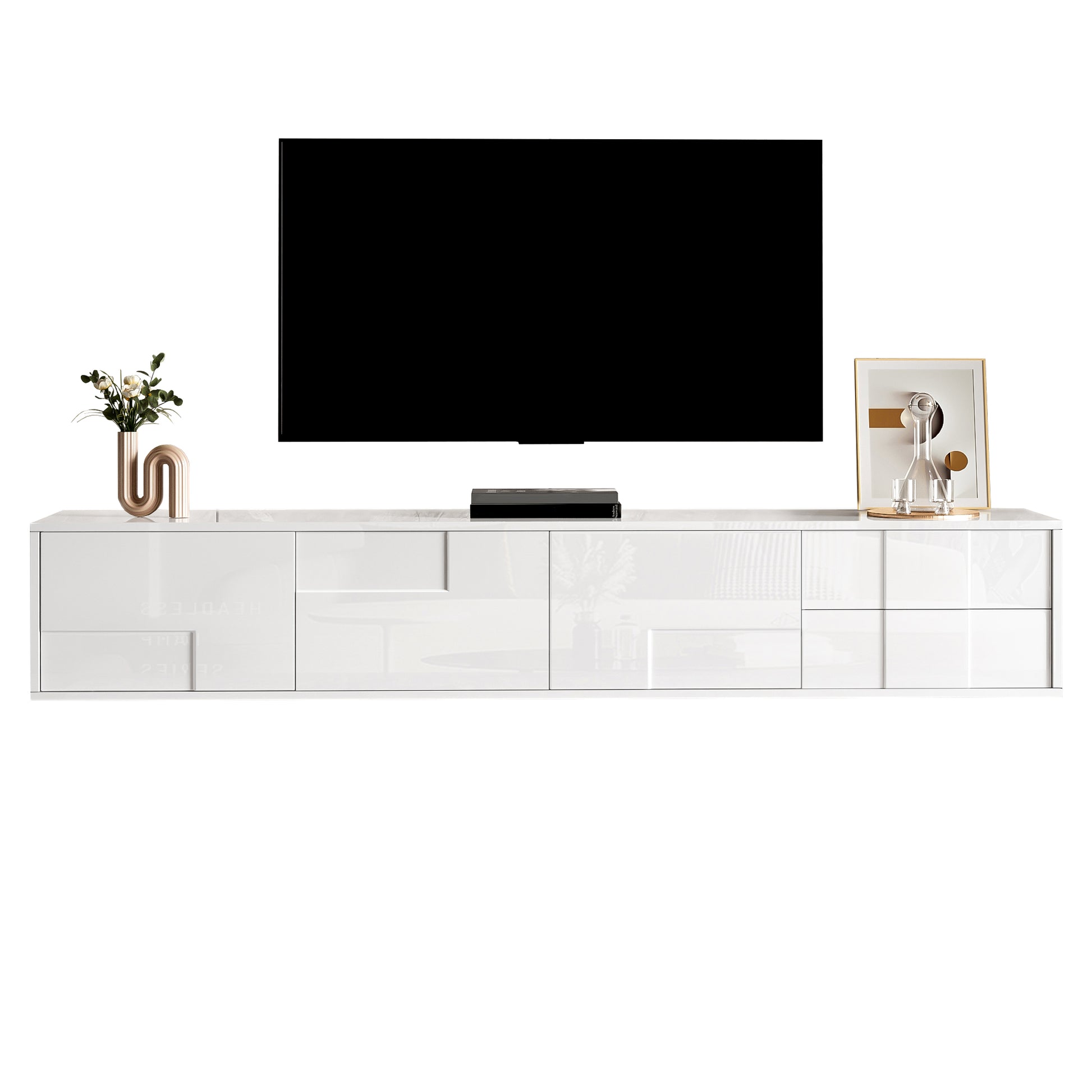 Gigab2b original image - Modernes TV-Lowboard Weiß 170 cm, schwebend oder stehend, vollständige Hochglanz-Oberfläche, grifflos mit 3 Türen & 2 Schubladen, viel Stauraum für Wohnzimmer